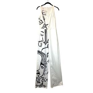 NWT Summer Street Sleeveless Faces Print V-neck Jumpsuit White Small